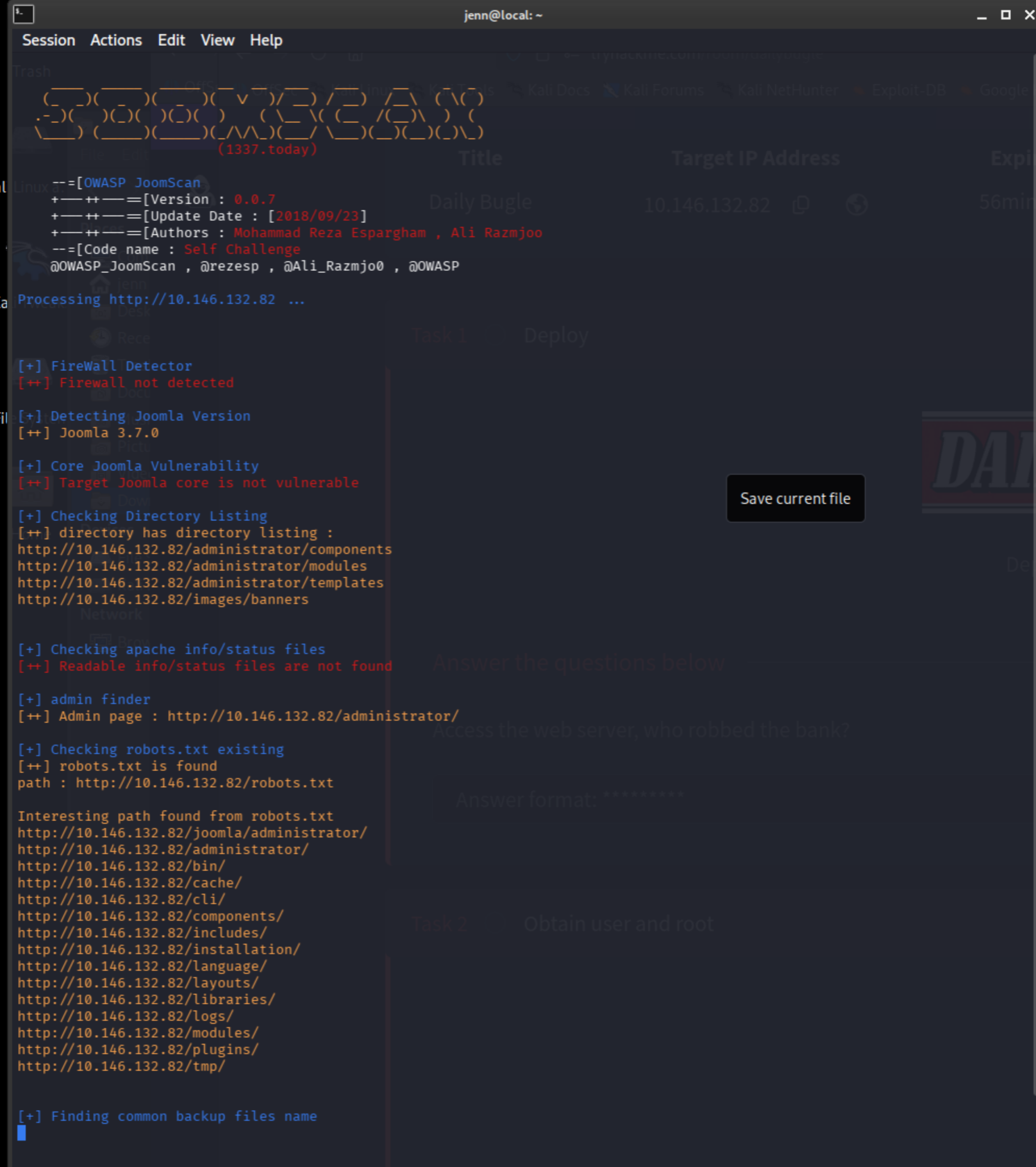 joomscan output part 1 showing directory structure and config